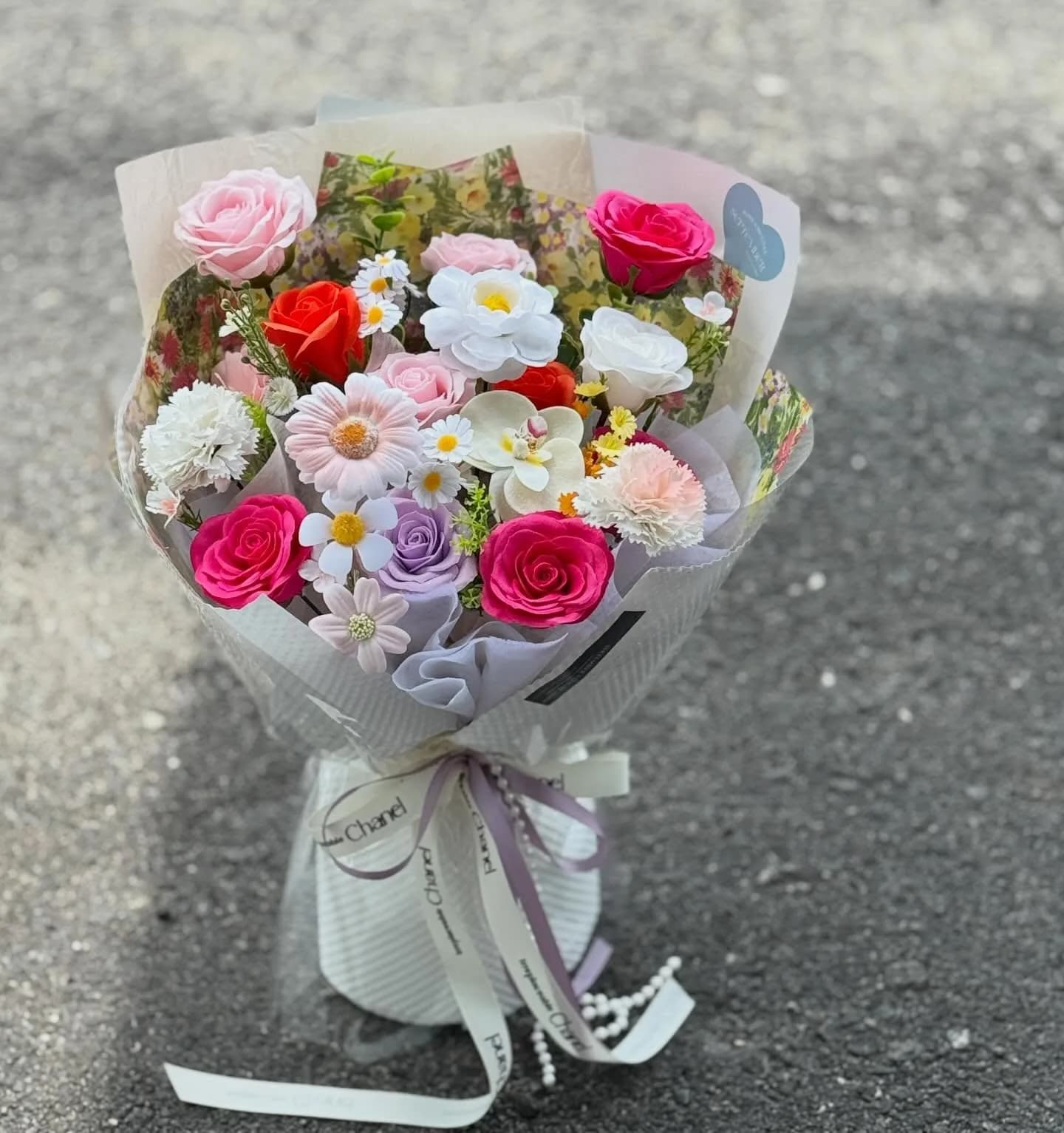 Carnival Bloom — Roses, daisies, carnations in fuchsia, red and white, view 2