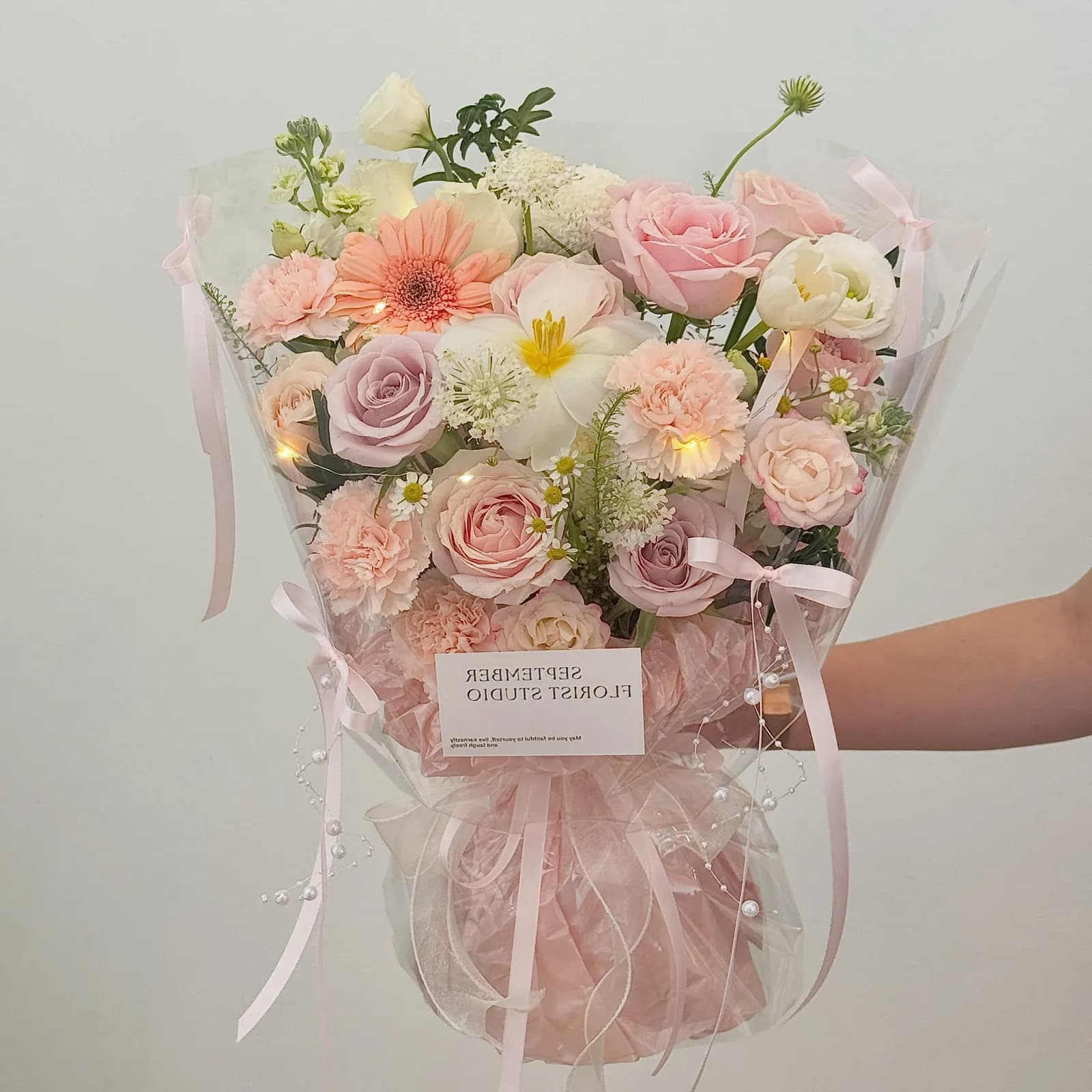 Peach Sorbet — Gerbera, roses, carnations in peach and blush