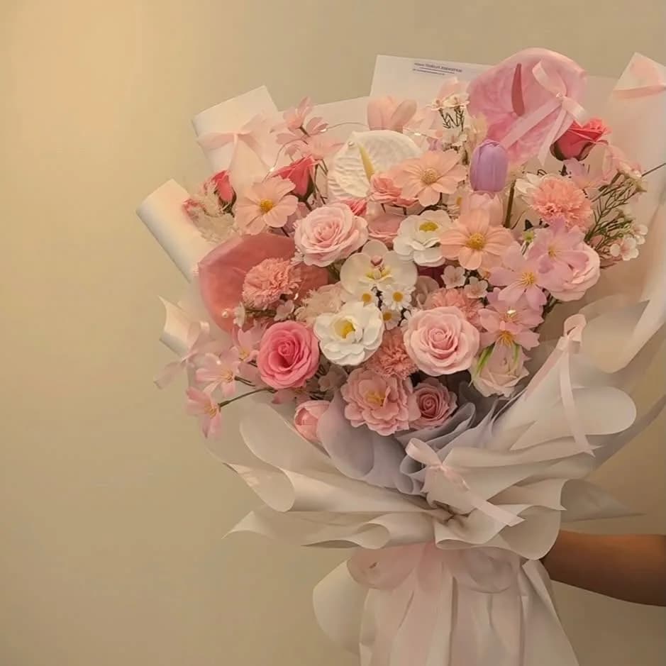 Rose Quartz — Anthurium, roses, spray carnations in soft pink