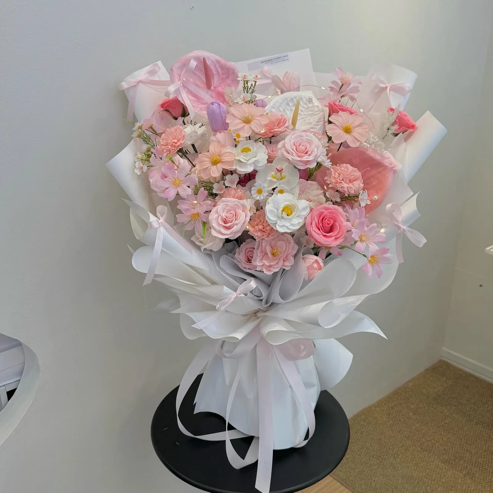 Rose Quartz — Anthurium, roses, spray carnations in soft pink, view 2