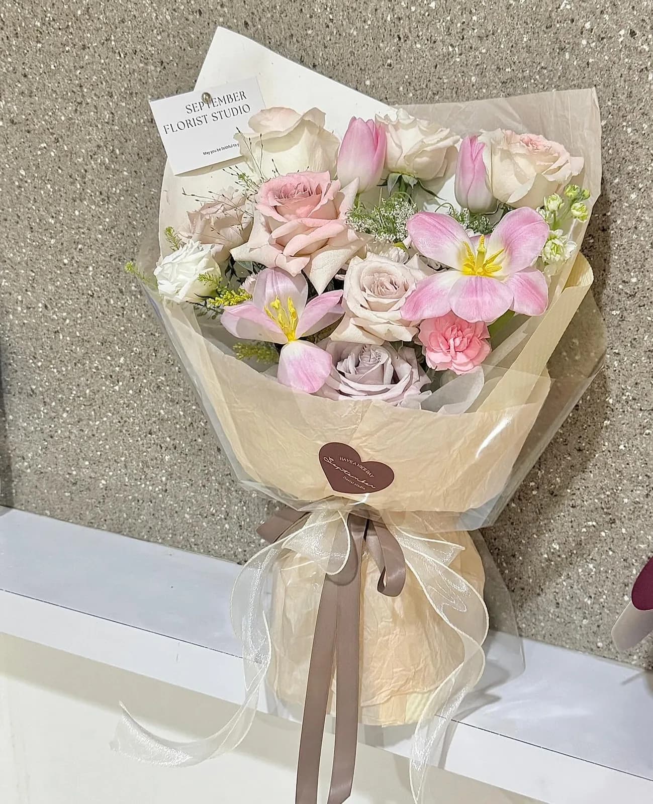 Tulip Blush — Tulips, roses, chrysanthemum in blush and mauve, view 2